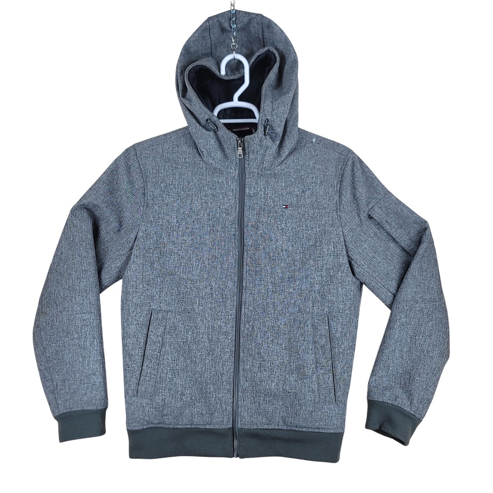 Tommy Hilfiger Hooded Softshell Jacket Mens S Grey Water Resistant Ribbed Trim